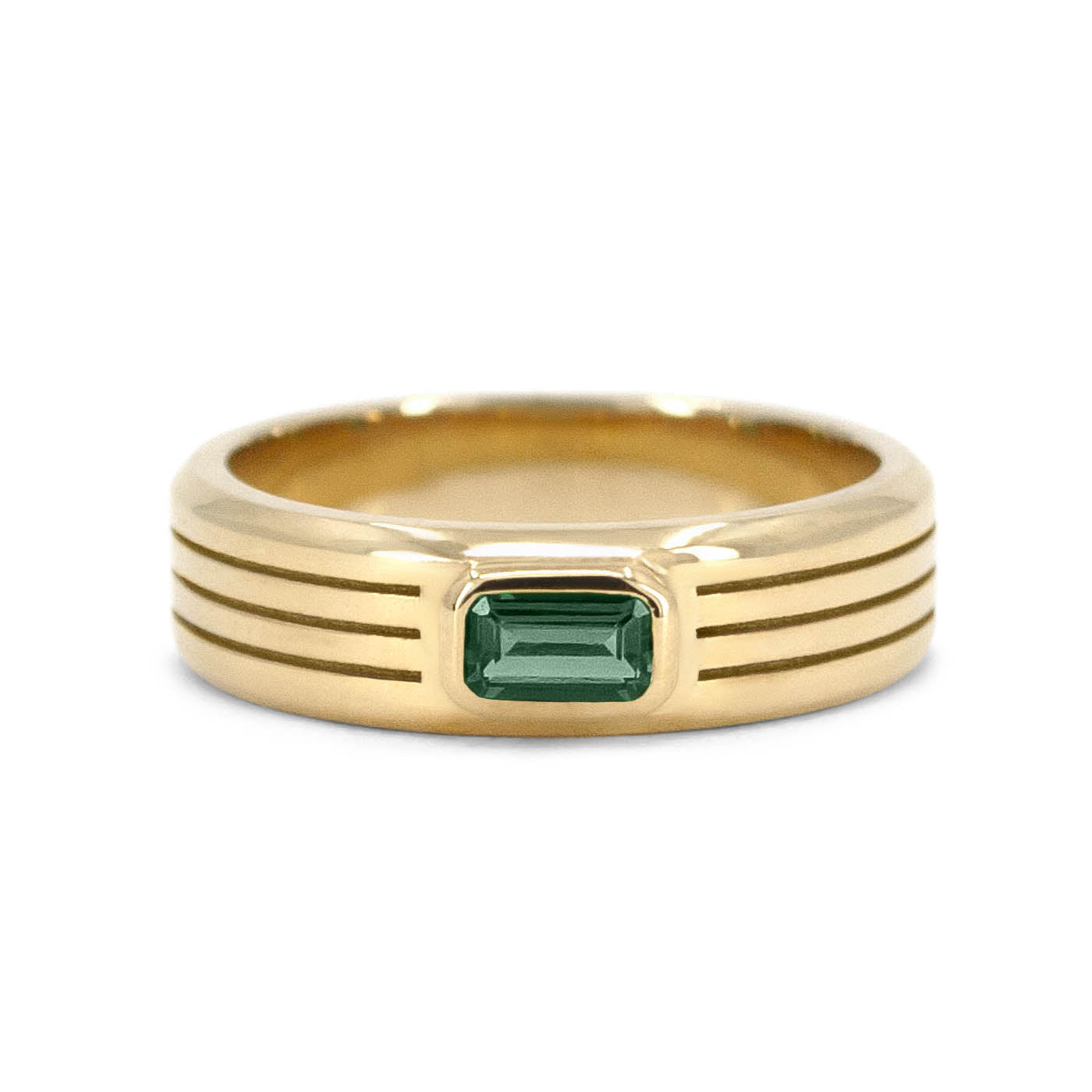 Tri-Grooved Men’s Engagement Ring with Emerald